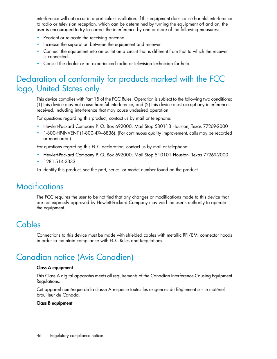 Modifications, Cables, Canadian notice (avis canadien) | 46 modifications, 46 cables, 46 canadian notice (avis canadien) | HP 70 Modular Smart Array User Manual | Page 46 / 60