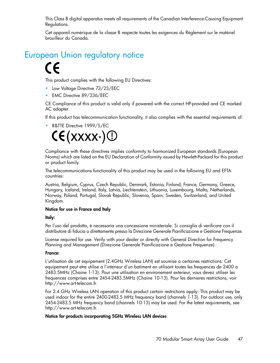 European union regulatory notice | HP 70 Modular Smart Array User Manual | Page 47 / 60