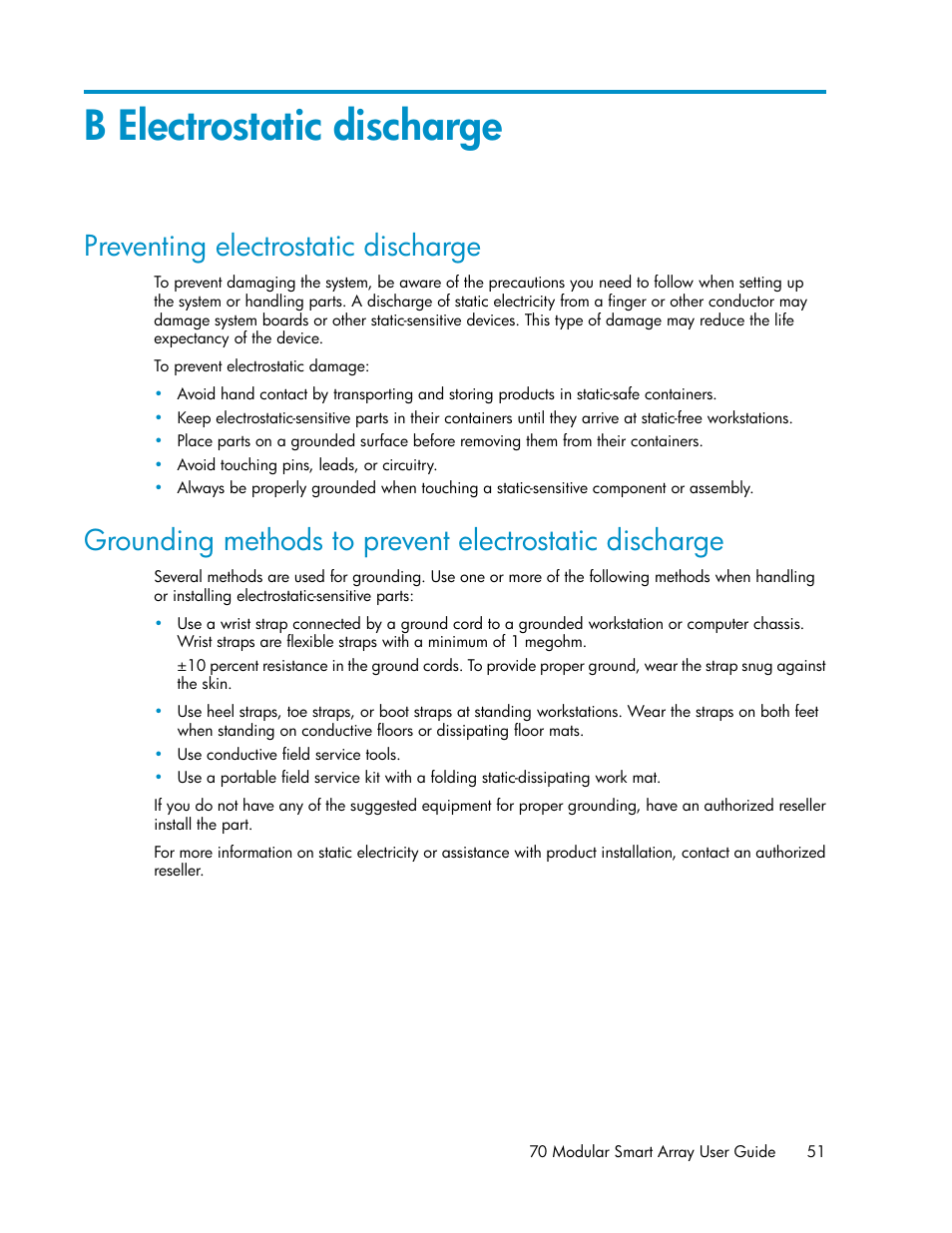 B electrostatic discharge, Preventing electrostatic discharge | HP 70 Modular Smart Array User Manual | Page 51 / 60