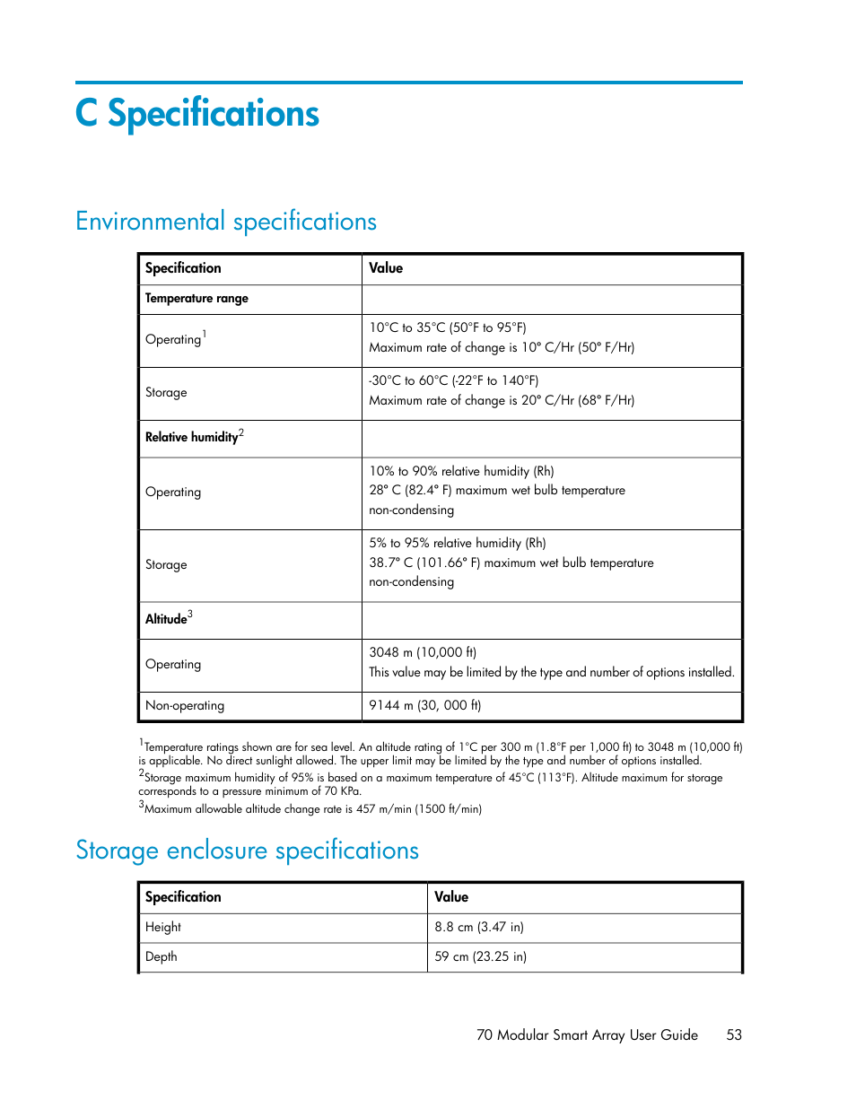 C specifications, Environmental specifications, Storage enclosure specifications | 53 storage enclosure specifications | HP 70 Modular Smart Array User Manual | Page 53 / 60