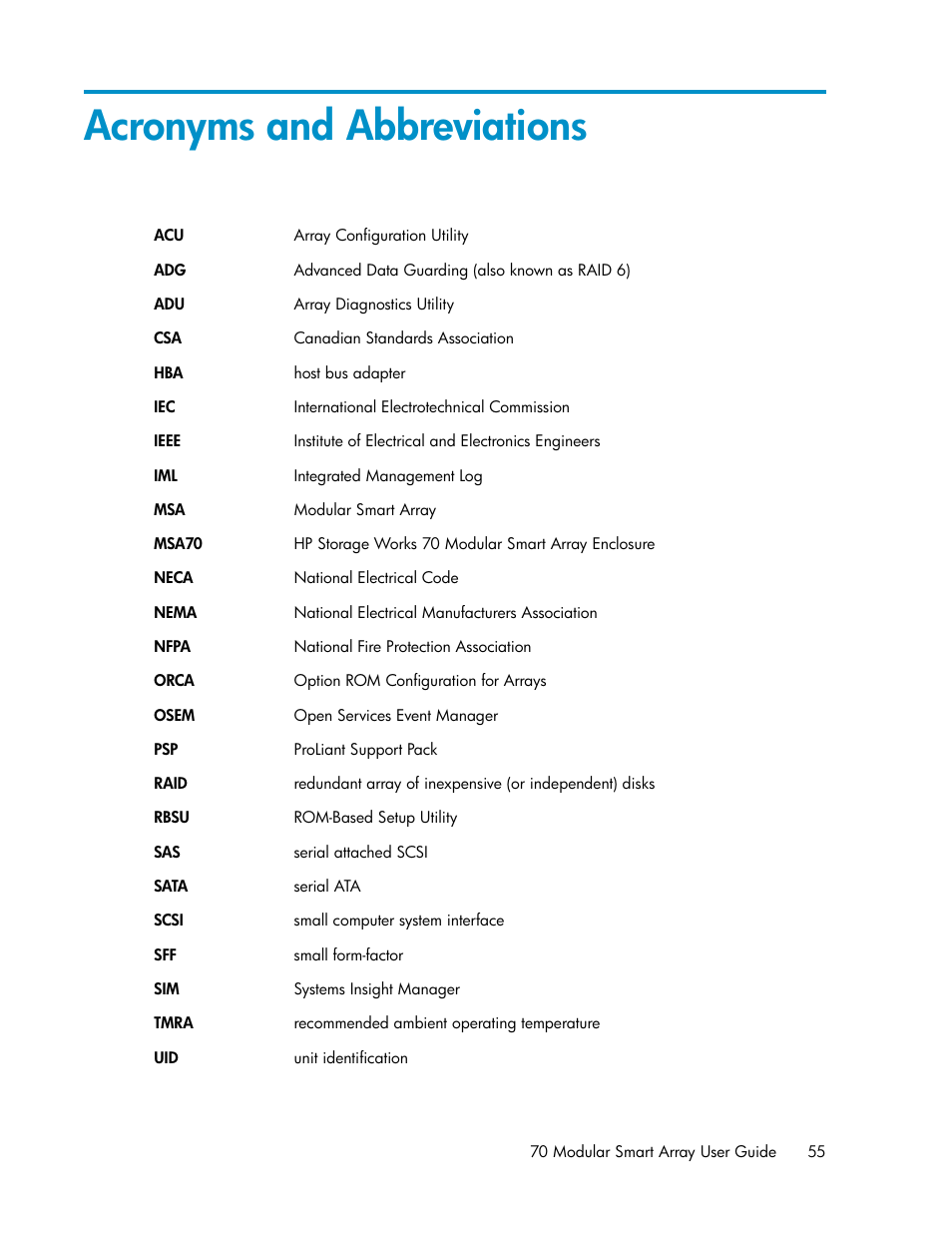 Acronyms and abbreviations | HP 70 Modular Smart Array User Manual | Page 55 / 60