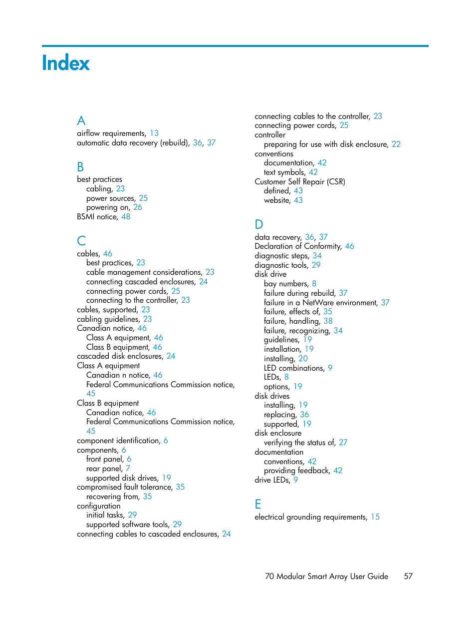 Index | HP 70 Modular Smart Array User Manual | Page 57 / 60