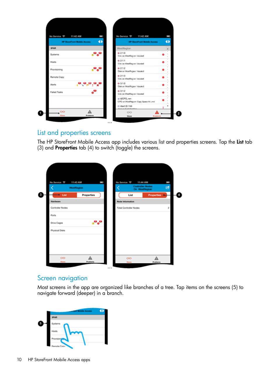 List and properties screens, Screen navigation | HP StoreFront Mobile Access Software User Manual | Page 10 / 44