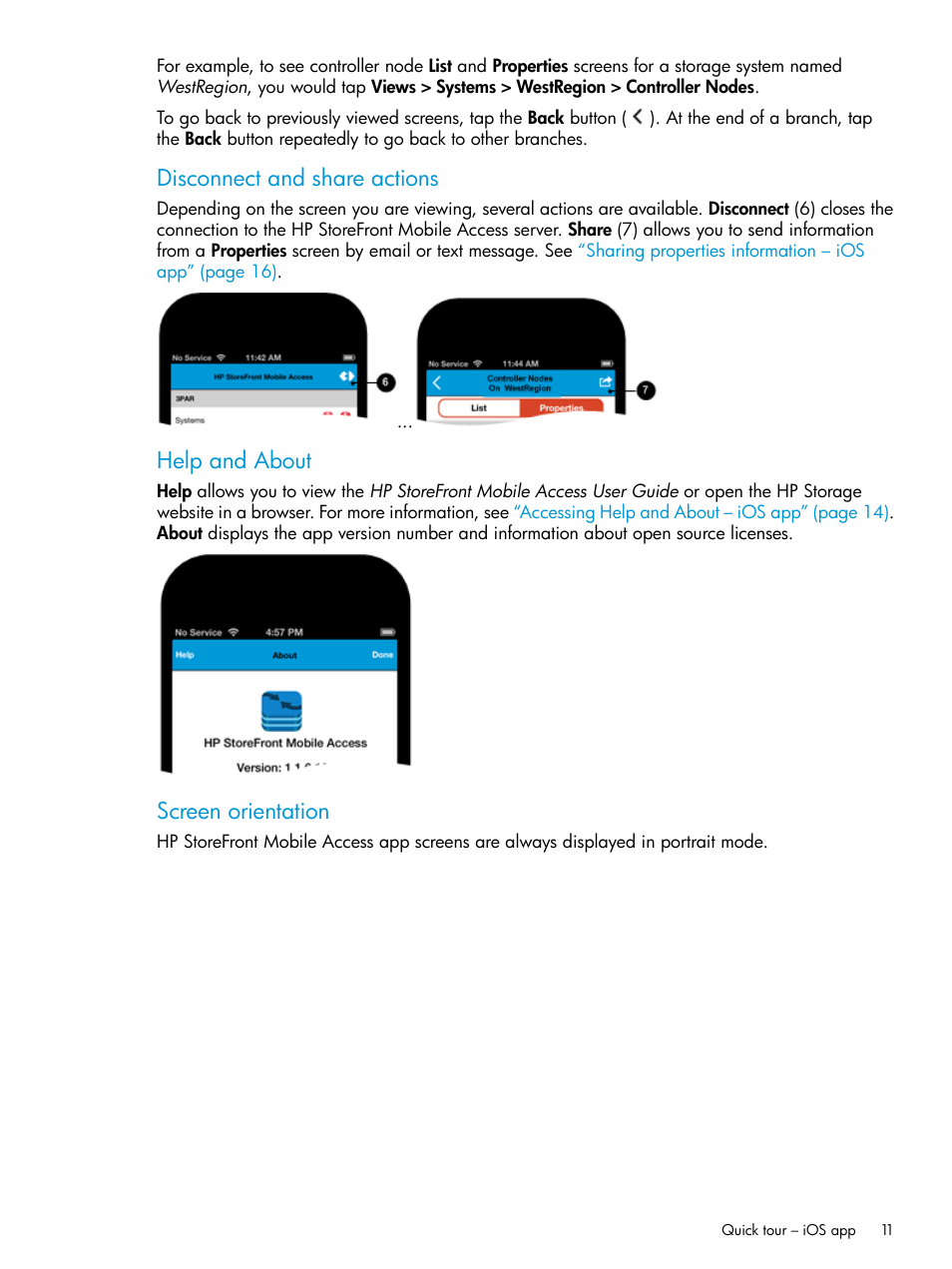 Disconnect and share actions, Help and about, Screen orientation | HP StoreFront Mobile Access Software User Manual | Page 11 / 44