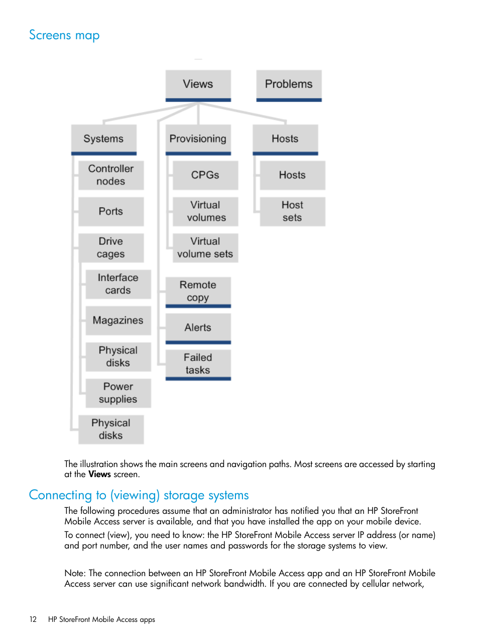 Screens map, Connecting to (viewing) storage systems | HP StoreFront Mobile Access Software User Manual | Page 12 / 44