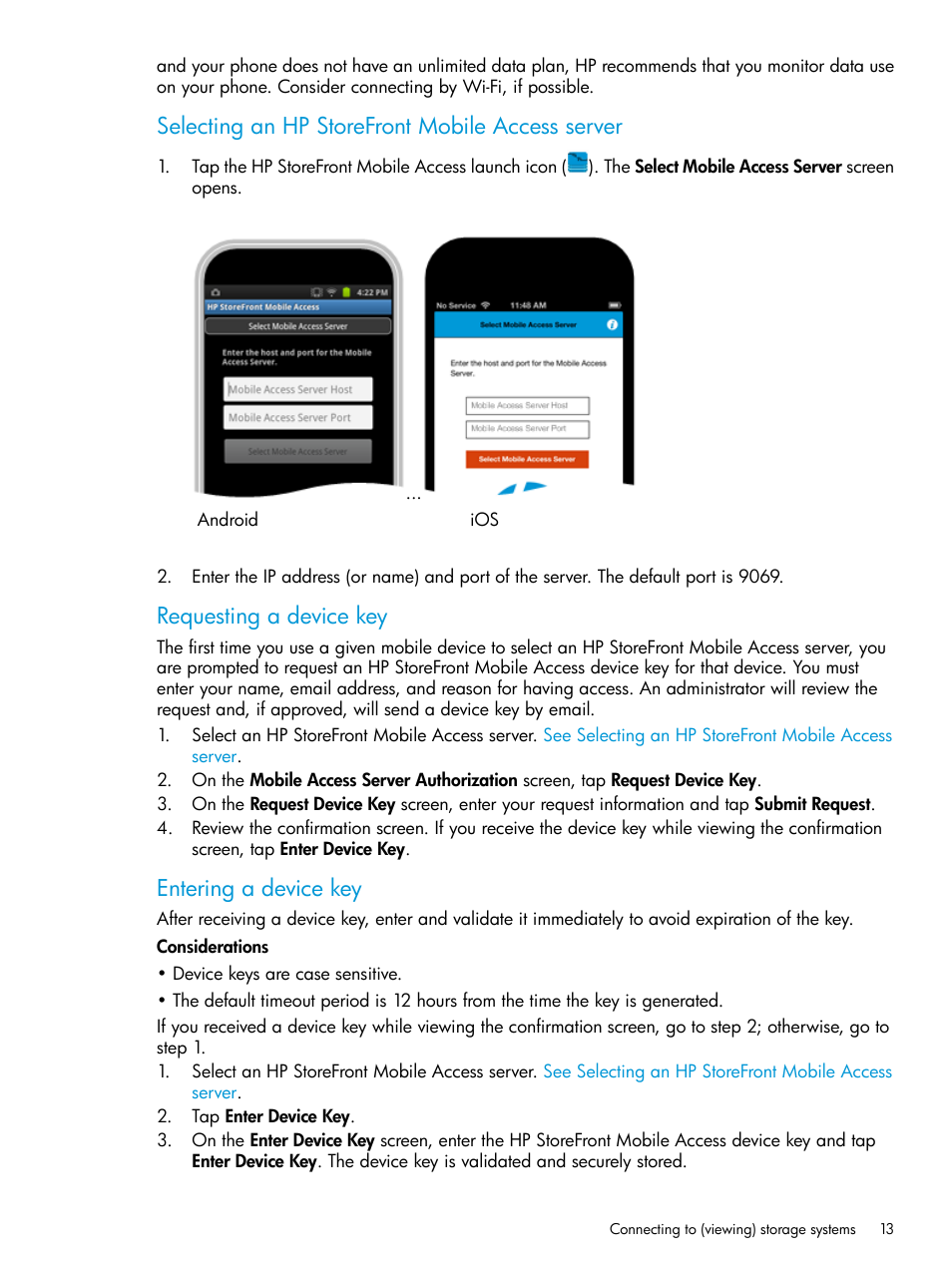 Selecting an hp storefront mobile access server, Requesting a device key, Entering a device key | HP StoreFront Mobile Access Software User Manual | Page 13 / 44