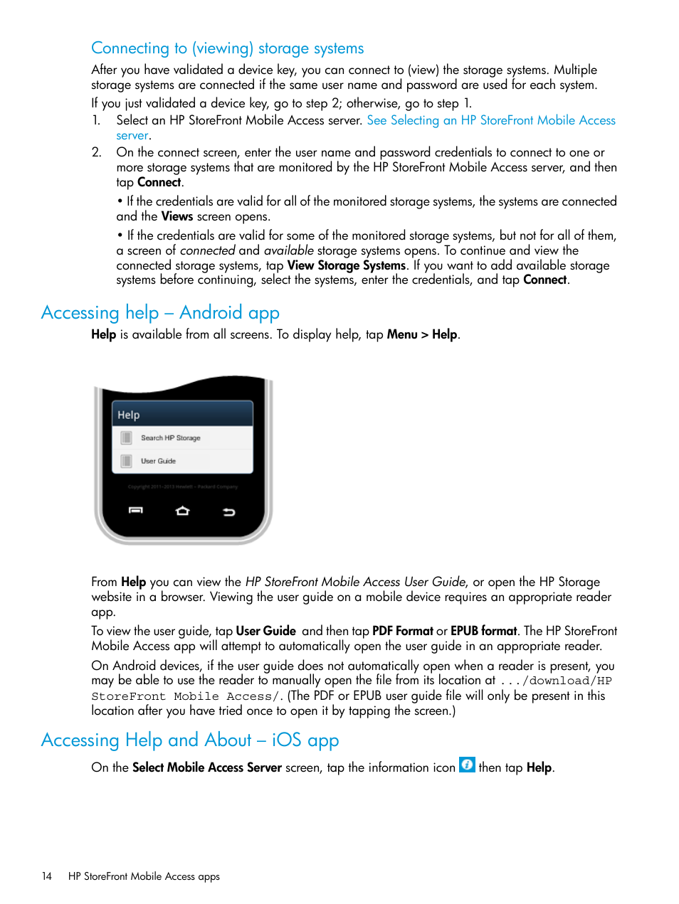 Accessing help – android app, Accessing help and about – ios app, Connecting to (viewing) storage systems | HP StoreFront Mobile Access Software User Manual | Page 14 / 44