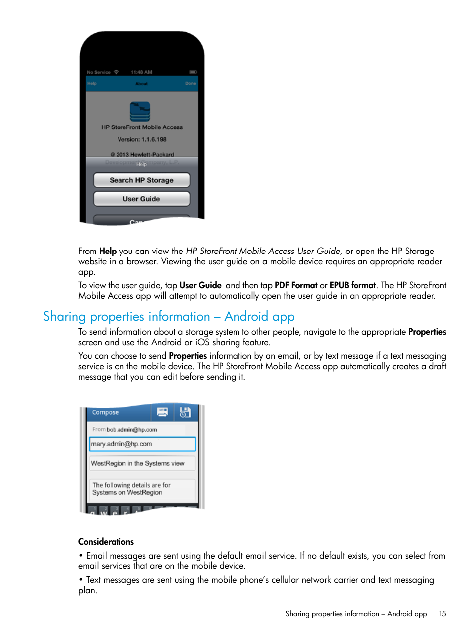 Sharing properties information – android app, Sharing | HP StoreFront Mobile Access Software User Manual | Page 15 / 44