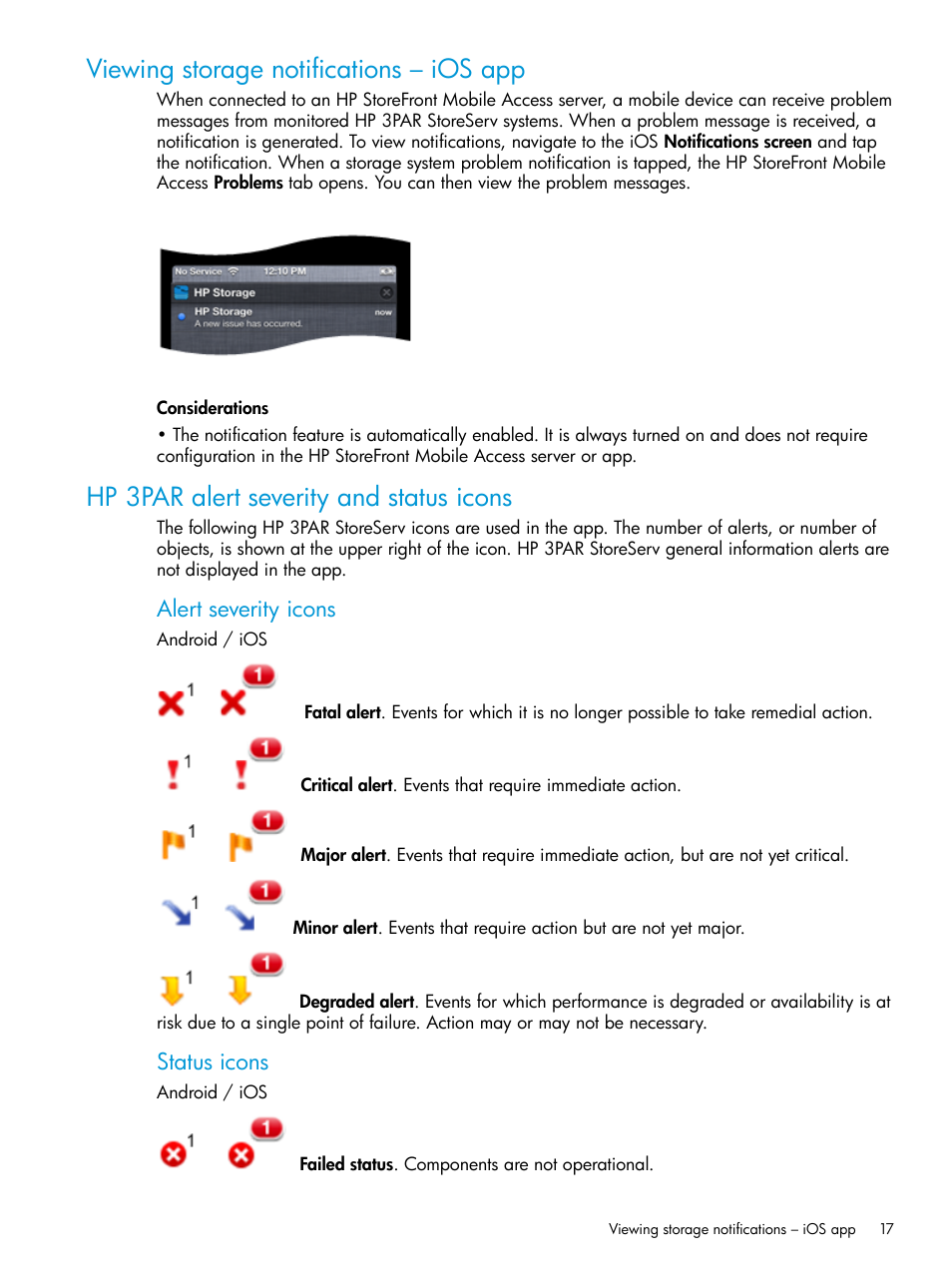 Viewing storage notifications – ios app, Hp 3par alert severity and status icons, Alert severity icons | Status icons | HP StoreFront Mobile Access Software User Manual | Page 17 / 44