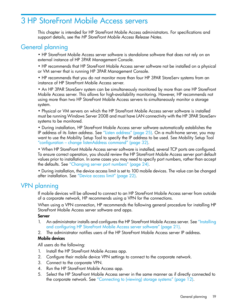 3 hp storefront mobile access servers, General planning, Vpn planning | General planning vpn planning, Hp storefront mobile access | HP StoreFront Mobile Access Software User Manual | Page 19 / 44