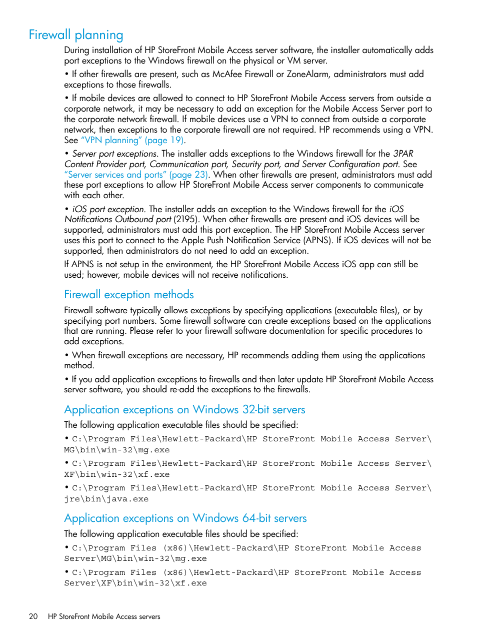 Firewall planning, Firewall exception methods, Application exceptions on windows 32-bit servers | Application exceptions on windows 64-bit servers | HP StoreFront Mobile Access Software User Manual | Page 20 / 44