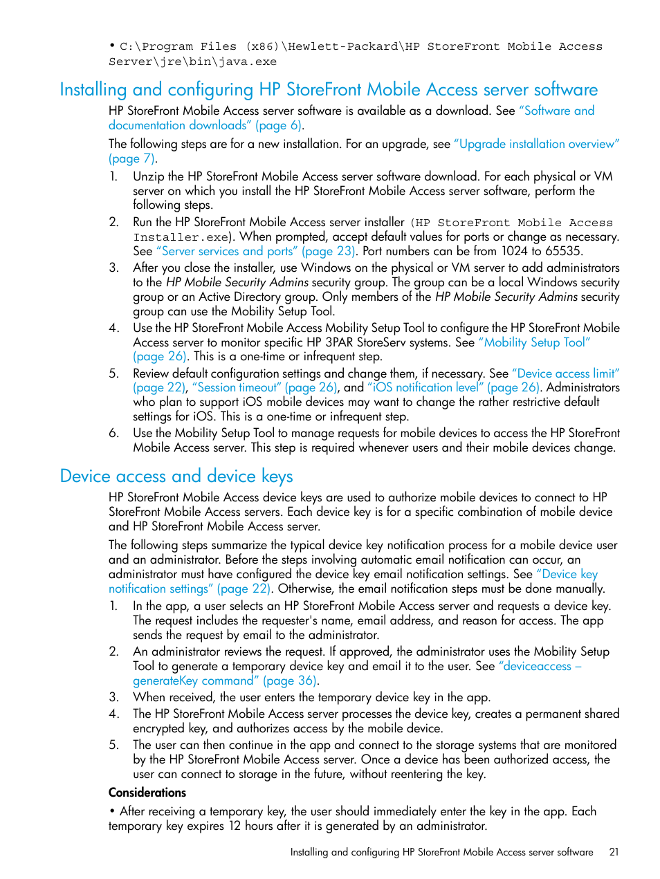 Device access and device keys, Installing | HP StoreFront Mobile Access Software User Manual | Page 21 / 44
