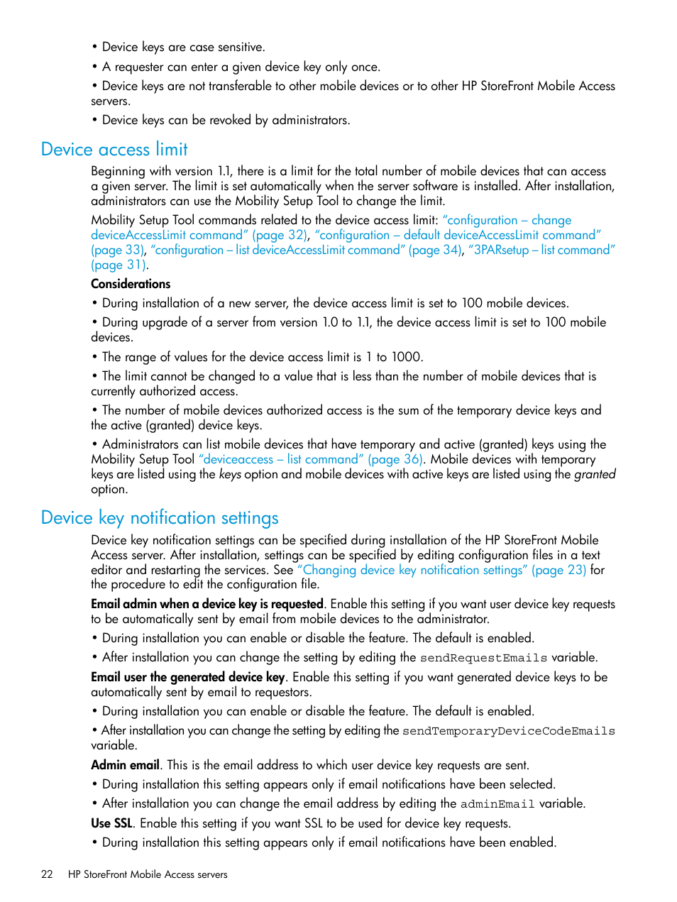 Device access limit, Device key notification settings, Device access | Device key | HP StoreFront Mobile Access Software User Manual | Page 22 / 44