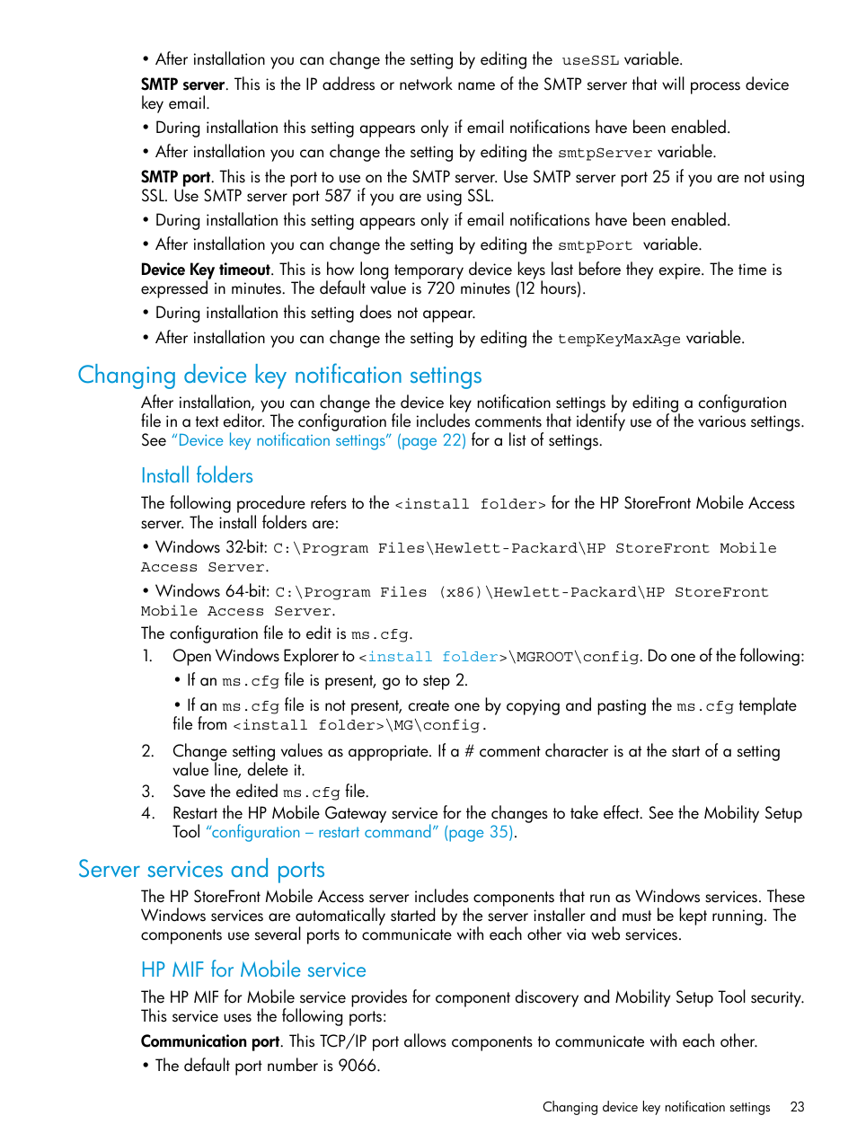 Changing device key notification settings, Server services and ports, Install folders | Hp mif for mobile service | HP StoreFront Mobile Access Software User Manual | Page 23 / 44