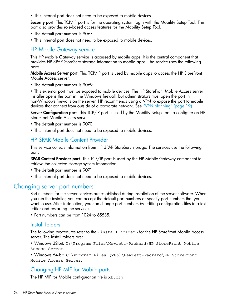 Changing server port numbers, Hp mobile gateway service, Hp 3par mobile content provider | Install folders, Changing hp mif for mobile ports | HP StoreFront Mobile Access Software User Manual | Page 24 / 44