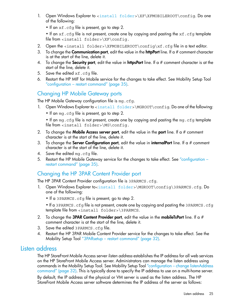 Listen address, Changing hp mobile gateway ports, Changing the hp 3par content provider port | HP StoreFront Mobile Access Software User Manual | Page 25 / 44