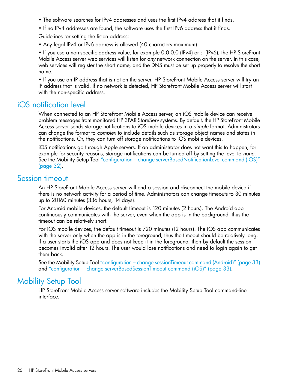 Ios notification level, Session timeout, Mobility setup tool | Mobility setup, Ios notification | HP StoreFront Mobile Access Software User Manual | Page 26 / 44