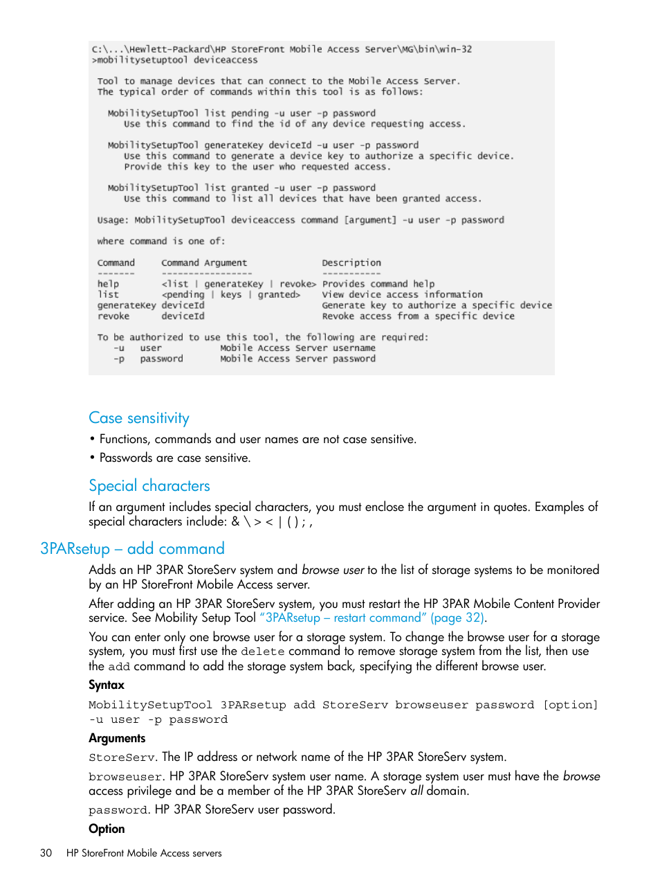 3parsetup – add command, Case sensitivity, Special characters | HP StoreFront Mobile Access Software User Manual | Page 30 / 44