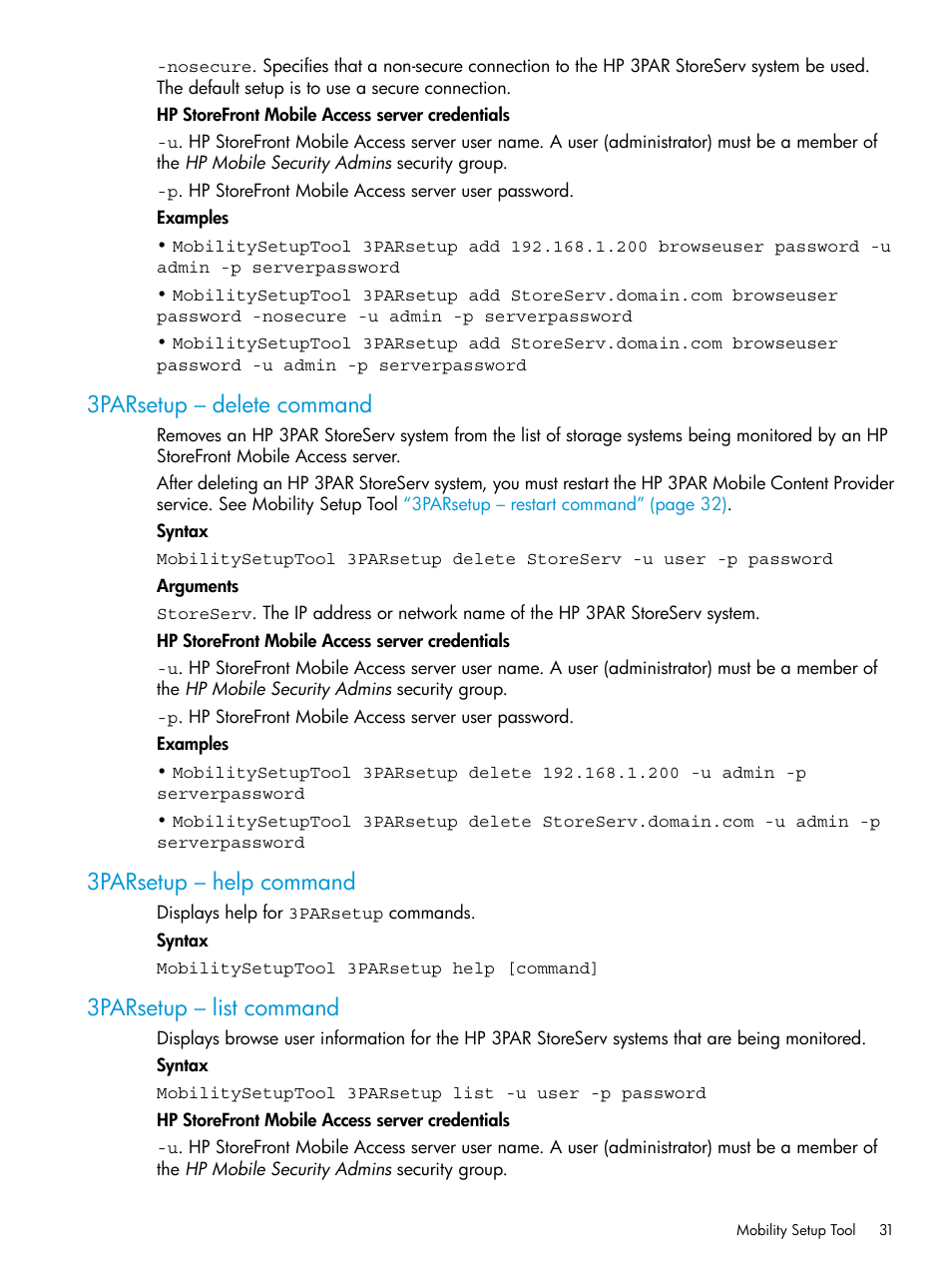 3parsetup – delete command, 3parsetup – help command, 3parsetup – list command | HP StoreFront Mobile Access Software User Manual | Page 31 / 44