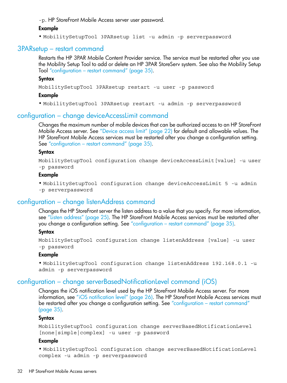 3parsetup – restart command, Configuration – change deviceaccesslimit command, Configuration – change listenaddress command | Configuration – change, Configuration – change listenaddress | HP StoreFront Mobile Access Software User Manual | Page 32 / 44