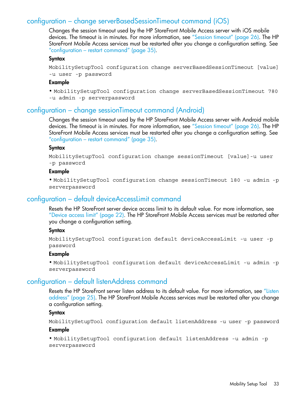 Configuration – default deviceaccesslimit command, Configuration – default listenaddress command | HP StoreFront Mobile Access Software User Manual | Page 33 / 44