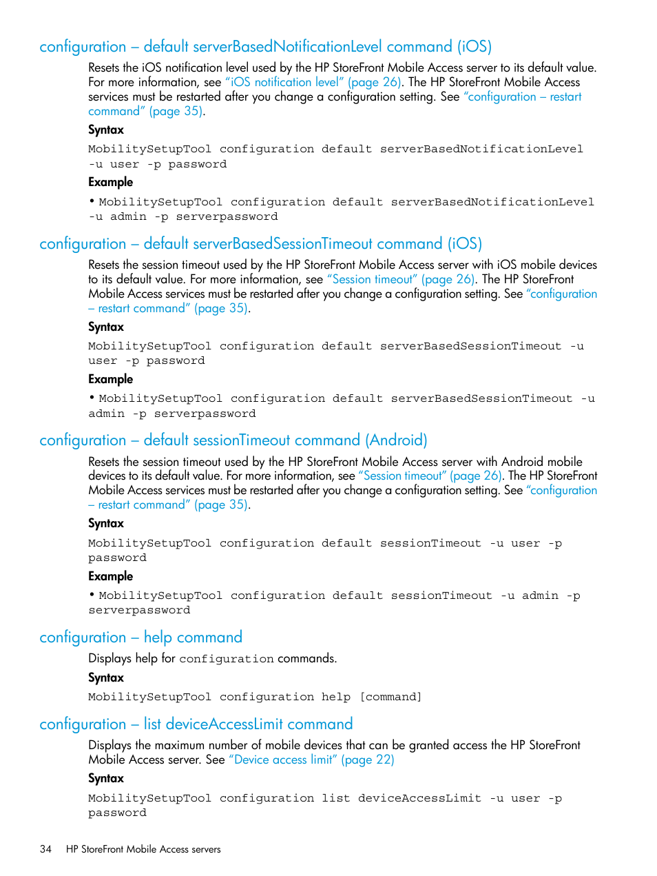 Configuration – help command, Configuration – list deviceaccesslimit command | HP StoreFront Mobile Access Software User Manual | Page 34 / 44