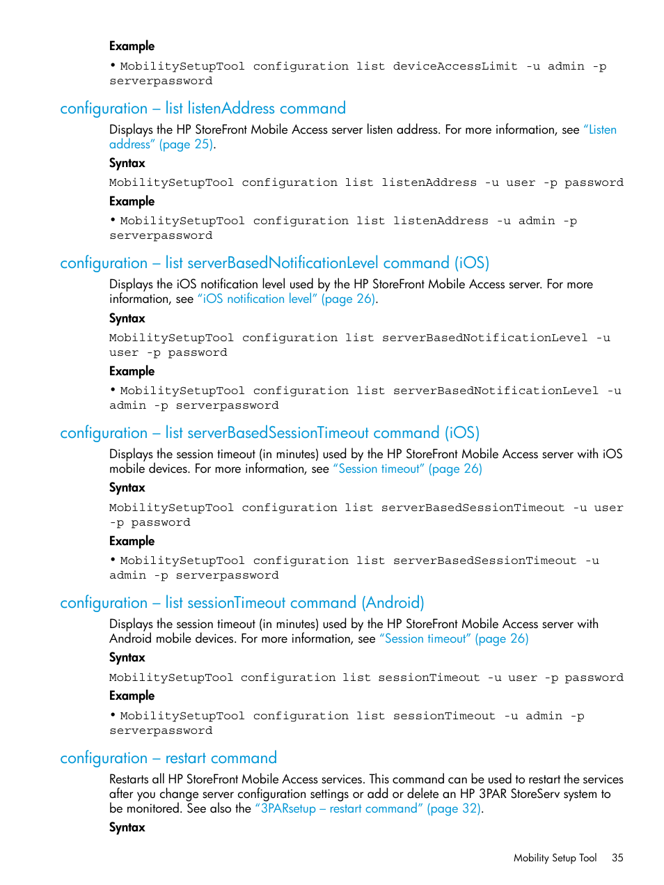 Configuration – list listenaddress command, Configuration – restart command, Configuration | Configuration – restart | HP StoreFront Mobile Access Software User Manual | Page 35 / 44