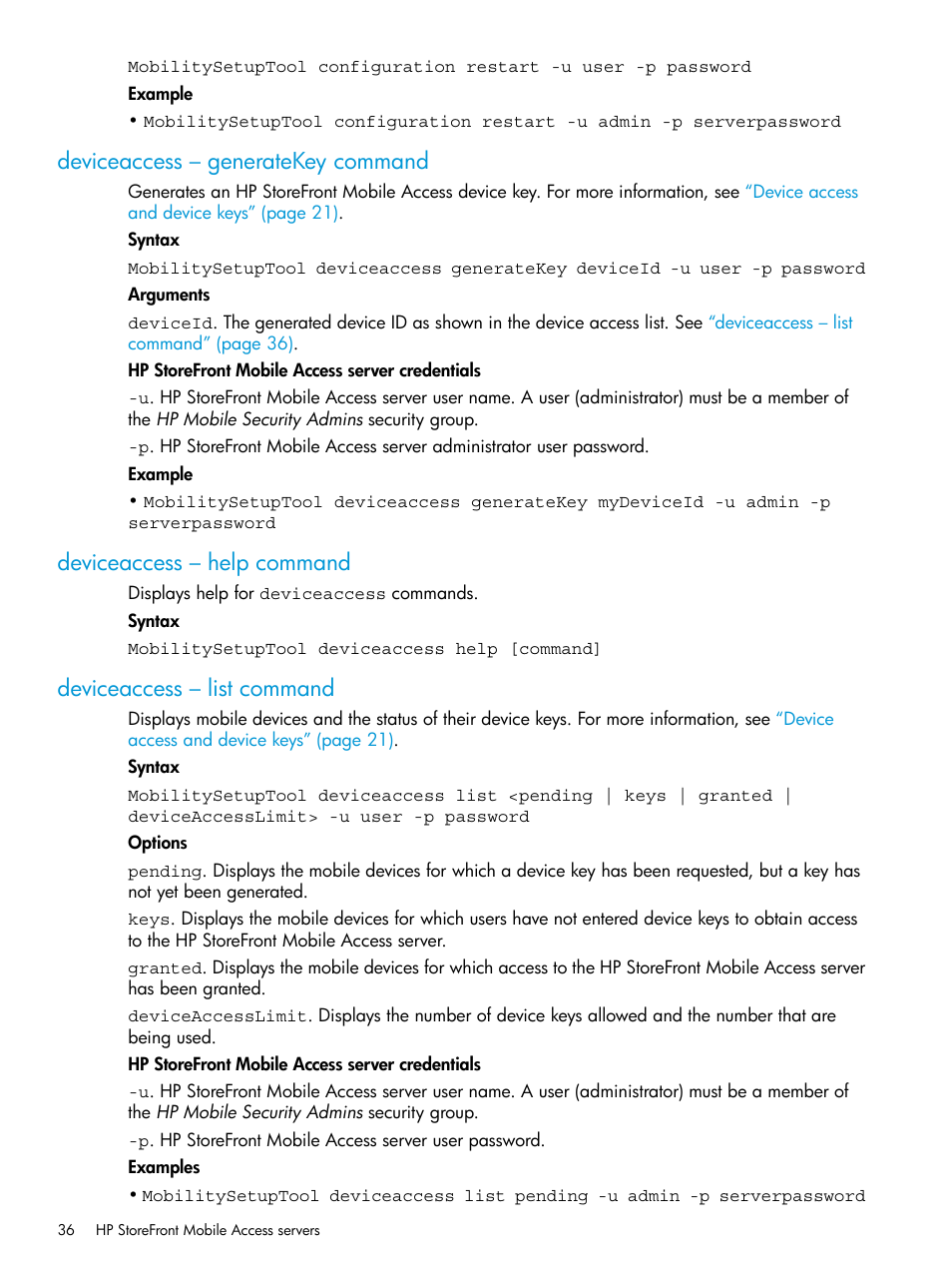 Deviceaccess – generatekey command, Deviceaccess – help command, Deviceaccess – list command | Deviceaccess | HP StoreFront Mobile Access Software User Manual | Page 36 / 44