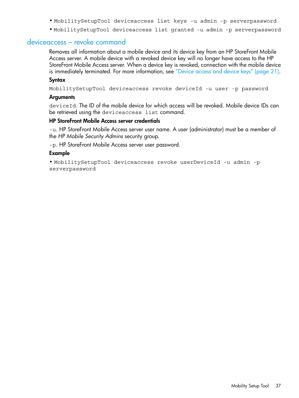 Deviceaccess – revoke command | HP StoreFront Mobile Access Software User Manual | Page 37 / 44