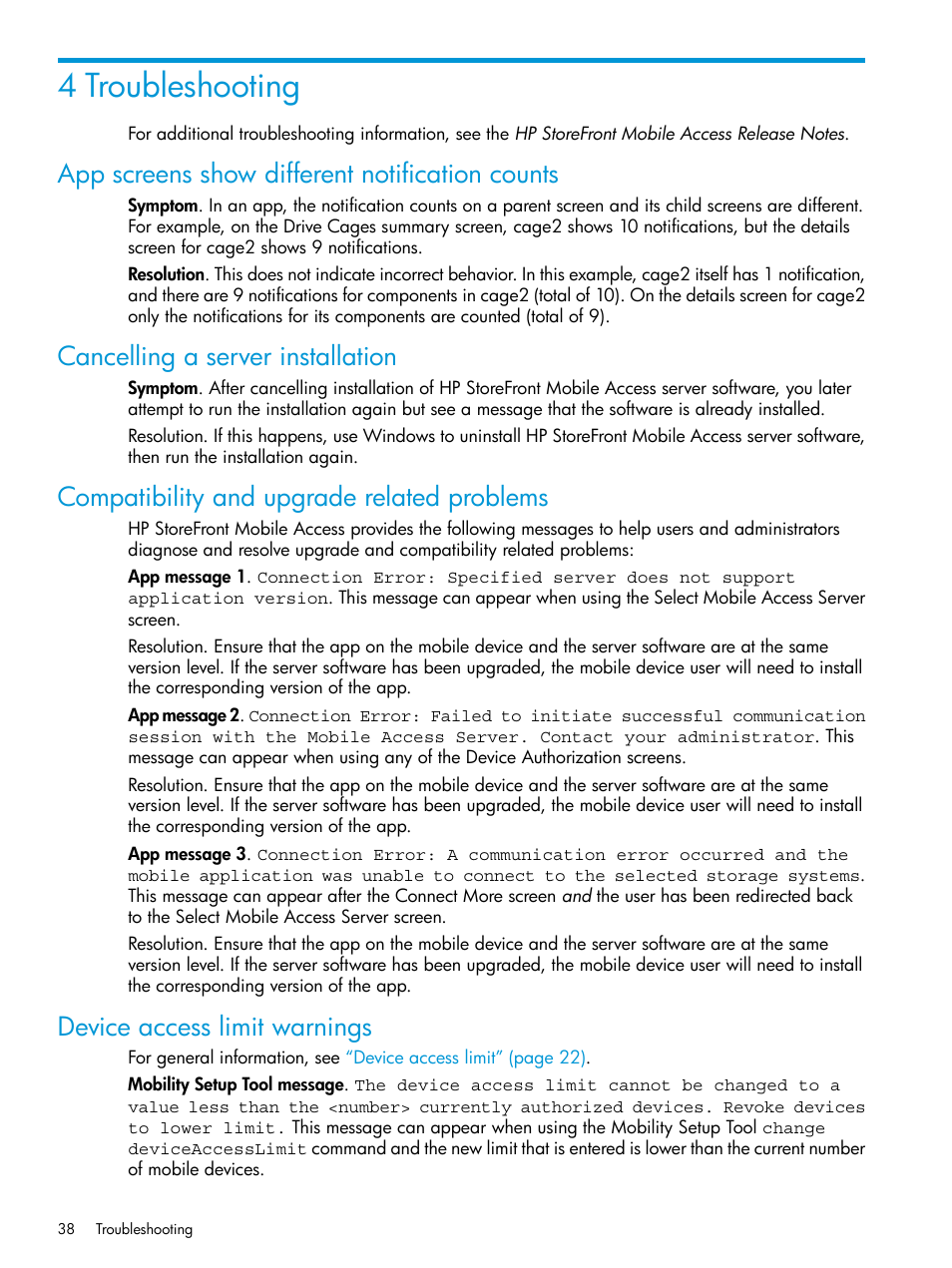 4 troubleshooting, App screens show different notification counts, Cancelling a server installation | Compatibility and upgrade related problems, Device access limit warnings | HP StoreFront Mobile Access Software User Manual | Page 38 / 44