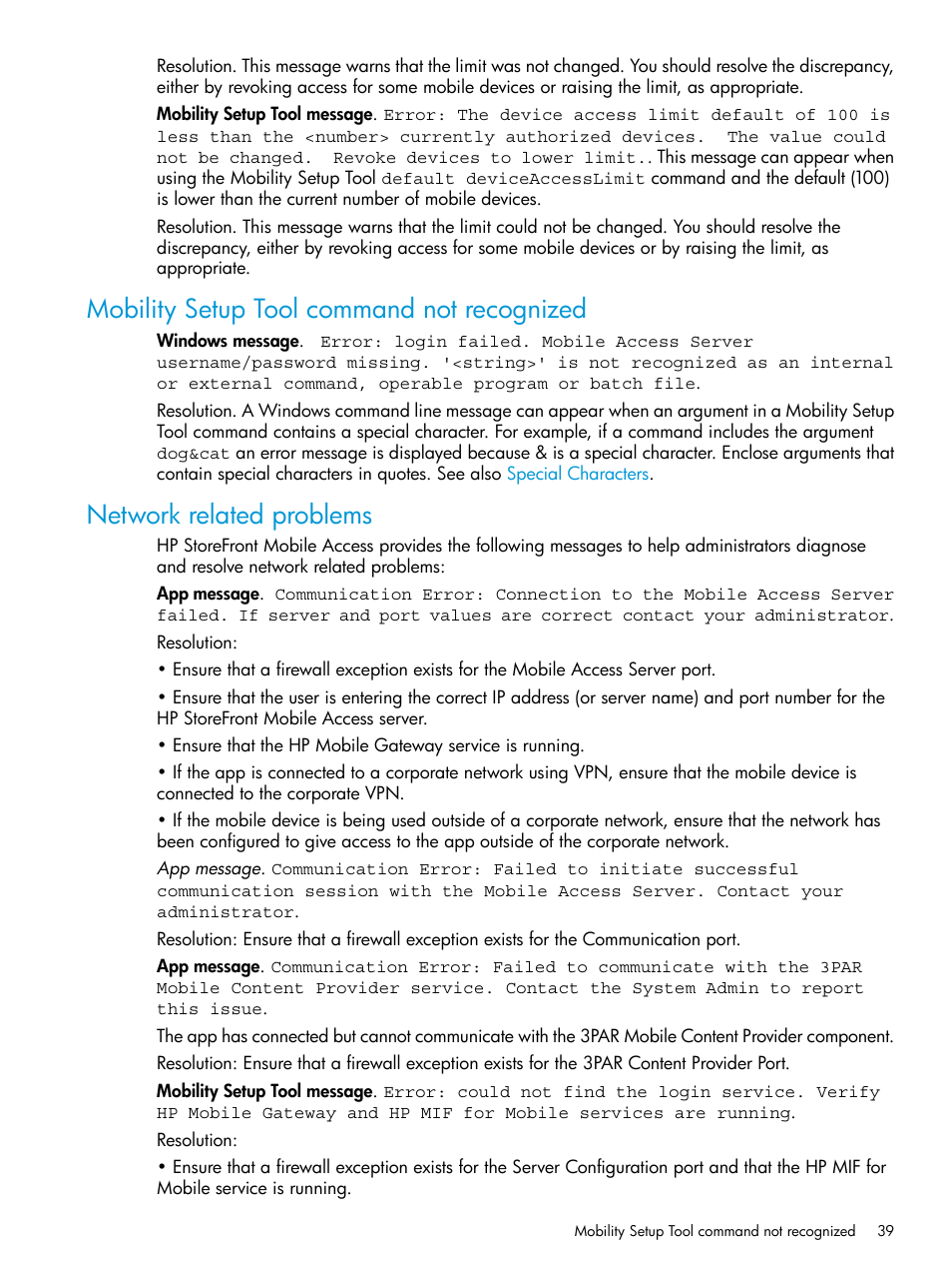 Mobility setup tool command not recognized, Network related problems | HP StoreFront Mobile Access Software User Manual | Page 39 / 44