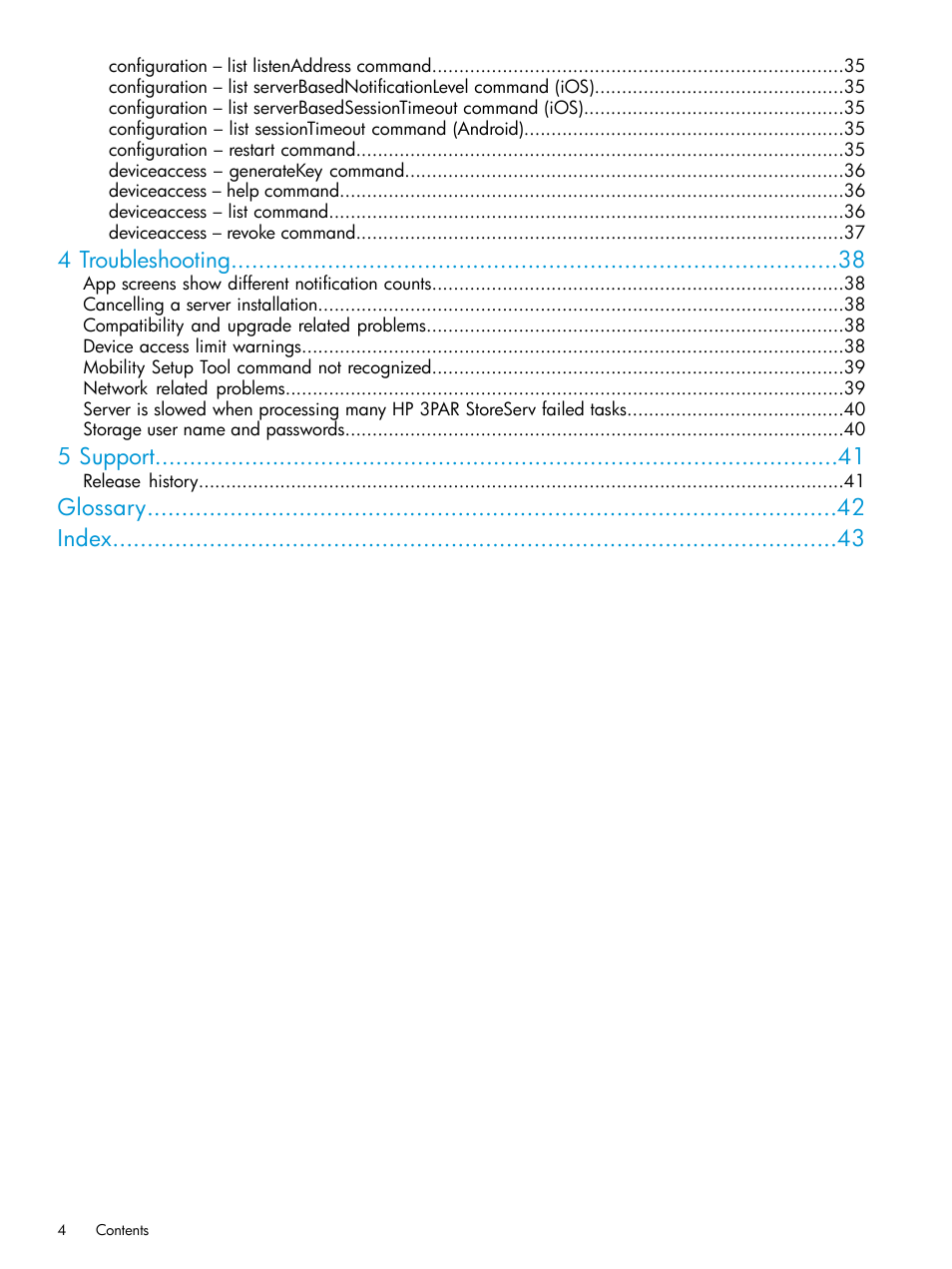 4 troubleshooting, 5 support, Glossary index | HP StoreFront Mobile Access Software User Manual | Page 4 / 44