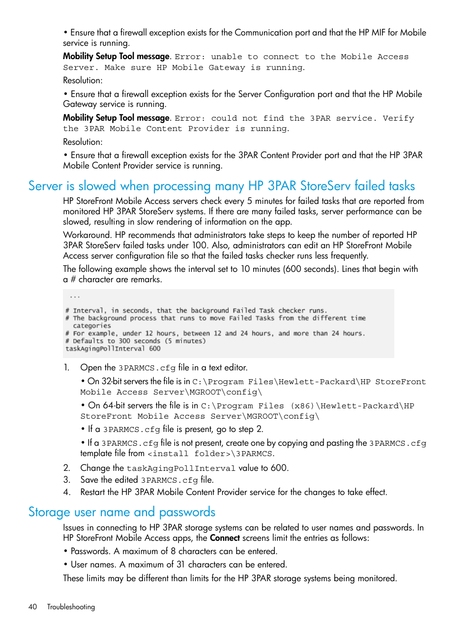 Storage user name and passwords | HP StoreFront Mobile Access Software User Manual | Page 40 / 44