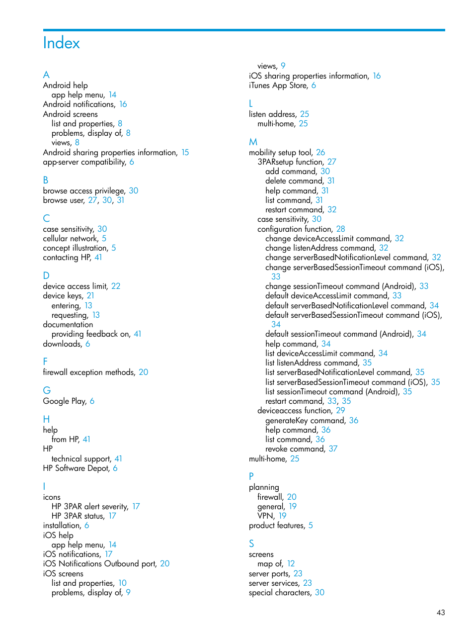 Index | HP StoreFront Mobile Access Software User Manual | Page 43 / 44