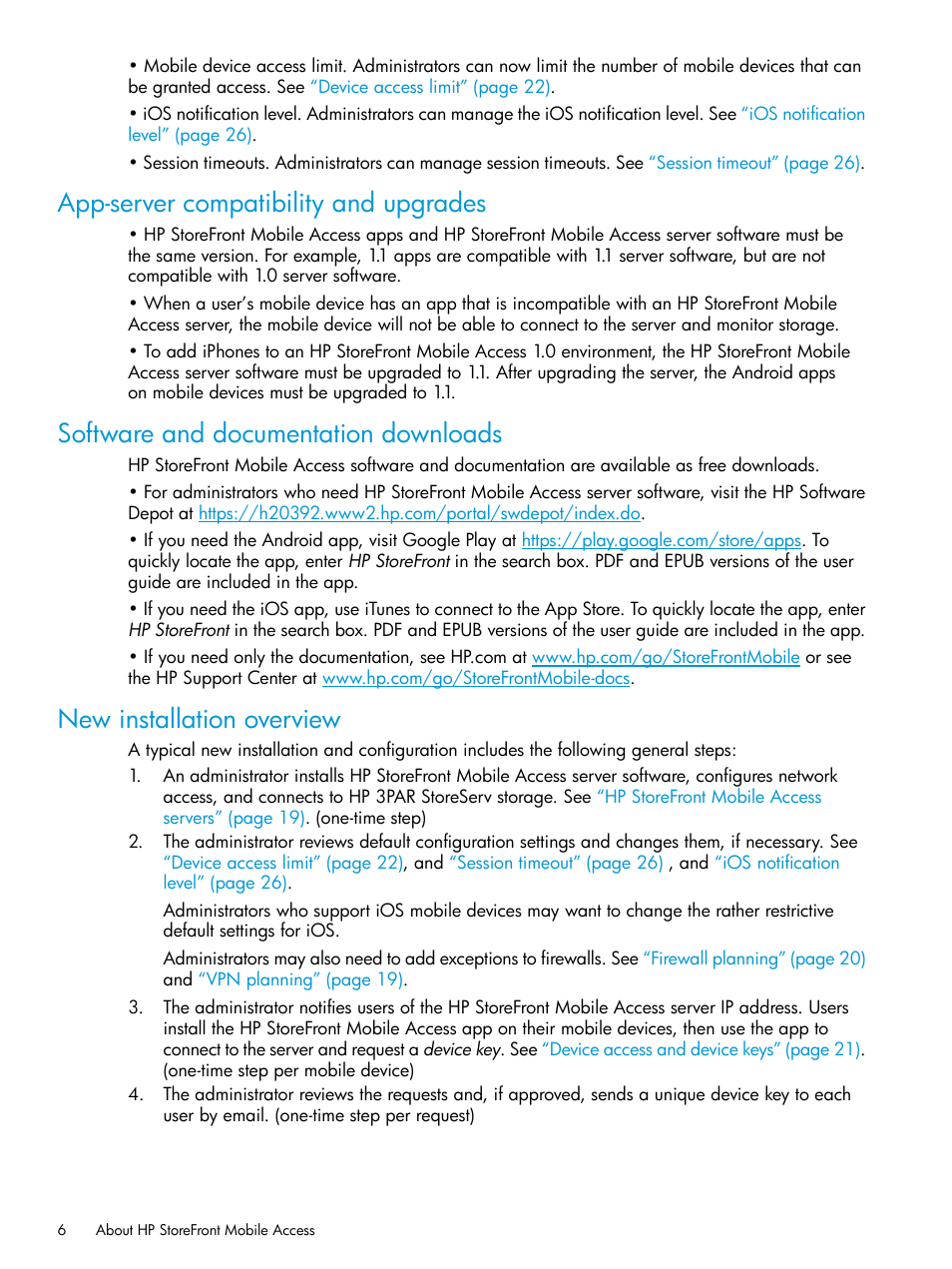 App-server compatibility and upgrades, Software and documentation downloads, New installation overview | HP StoreFront Mobile Access Software User Manual | Page 6 / 44