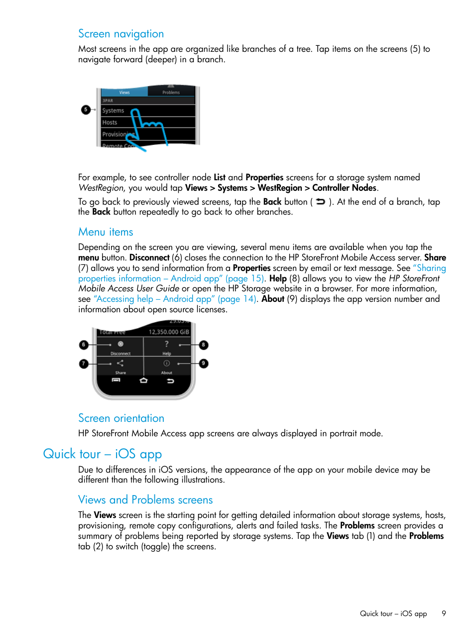 Quick tour – ios app, Screen navigation, Menu items | Screen orientation, Views and problems screens | HP StoreFront Mobile Access Software User Manual | Page 9 / 44