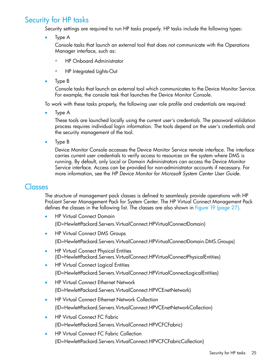 Security for hp tasks, Classes, Security for hp tasks classes | HP OneView for Microsoft System Center User Manual | Page 25 / 48