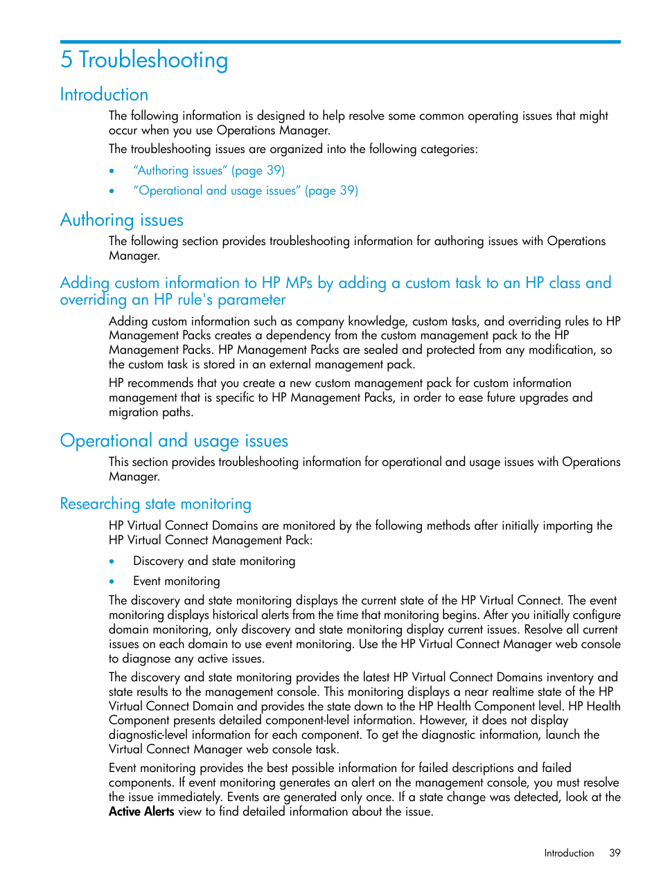 5 troubleshooting, Introduction, Authoring issues | Operational and usage issues, Researching state monitoring, Introduction authoring issues | HP OneView for Microsoft System Center User Manual | Page 39 / 48