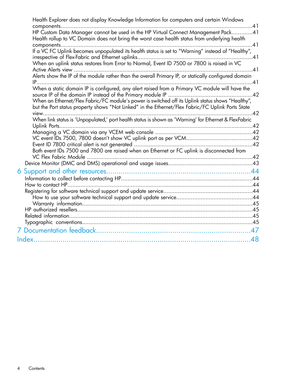 6 support and other resources, 7 documentation feedback index | HP OneView for Microsoft System Center User Manual | Page 4 / 48