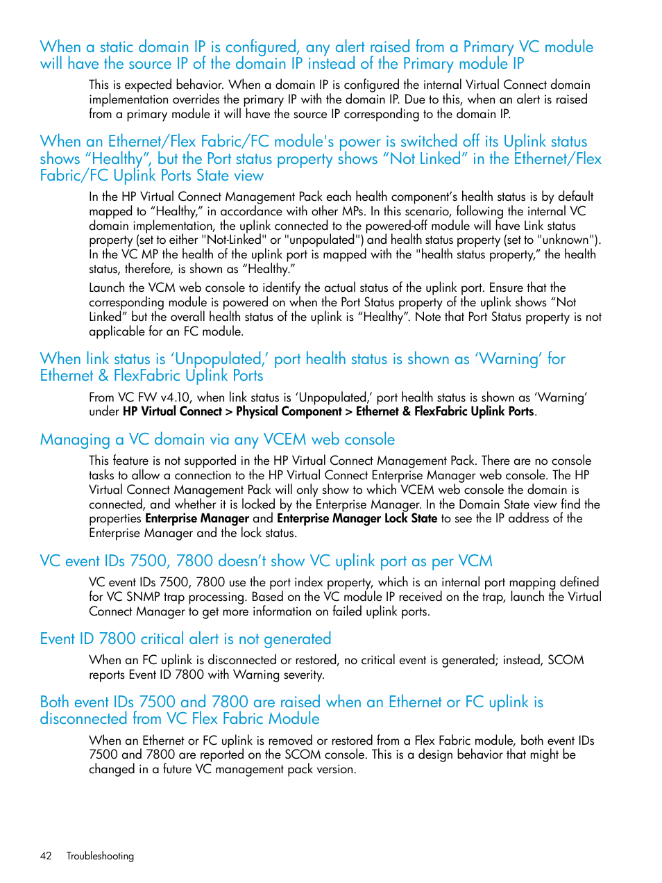 Managing a vc domain via any vcem web console, Event id 7800 critical alert is not generated | HP OneView for Microsoft System Center User Manual | Page 42 / 48