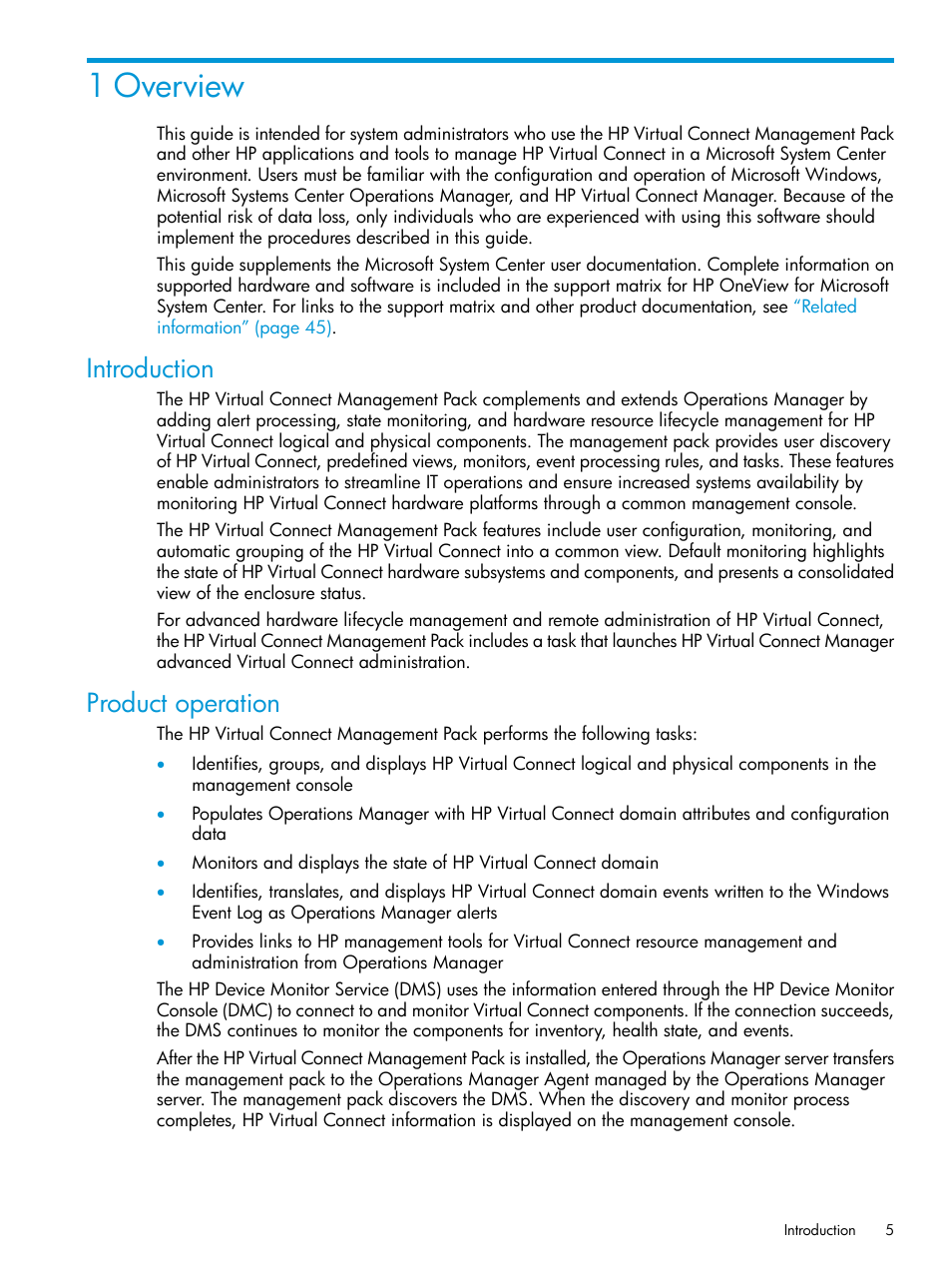 1 overview, Introduction, Product operation | Introduction product operation | HP OneView for Microsoft System Center User Manual | Page 5 / 48