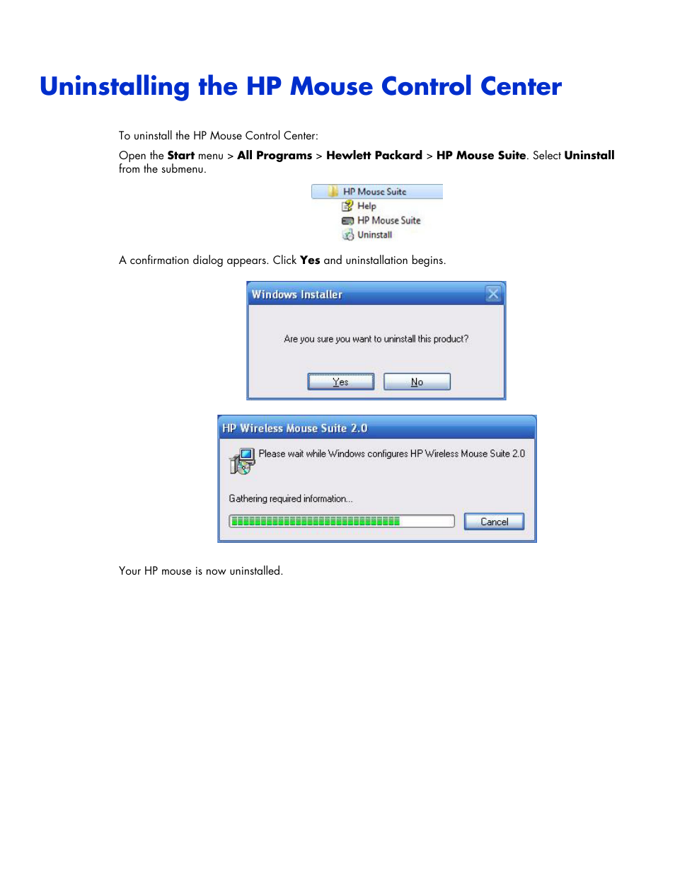 Uninstalling the hp mouse control center | HP Wi-Fi Direct Mobile Mouse User Manual | Page 10 / 31