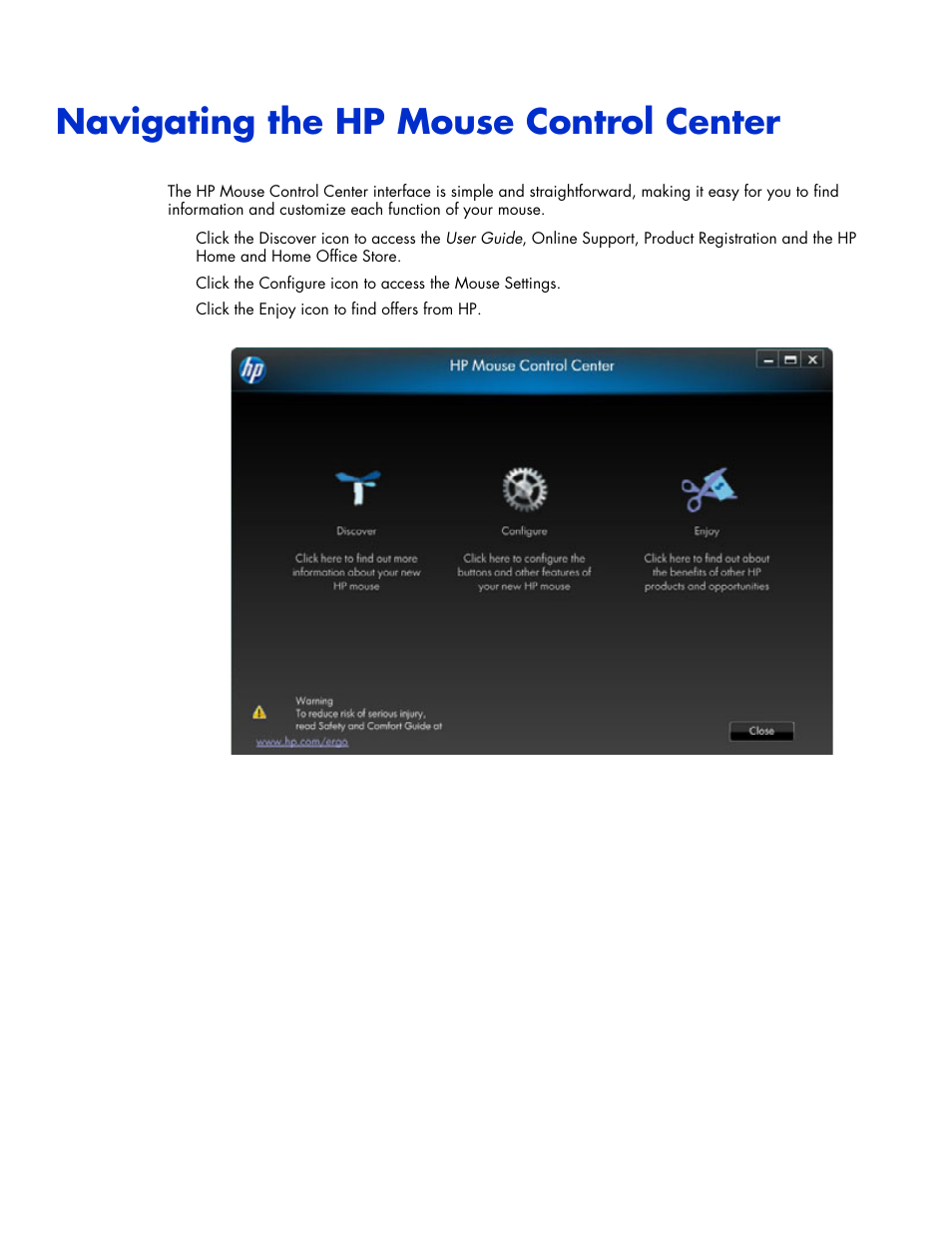 Navigating the hp mouse control center | HP Wi-Fi Direct Mobile Mouse User Manual | Page 11 / 31