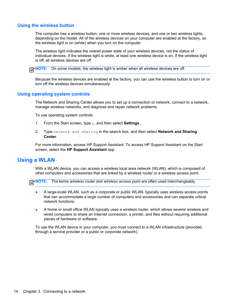 Using the wireless button, Using operating system controls, Using a wlan | HP EliteBook Revolve 810 G1 Tablet User Manual | Page 24 / 101