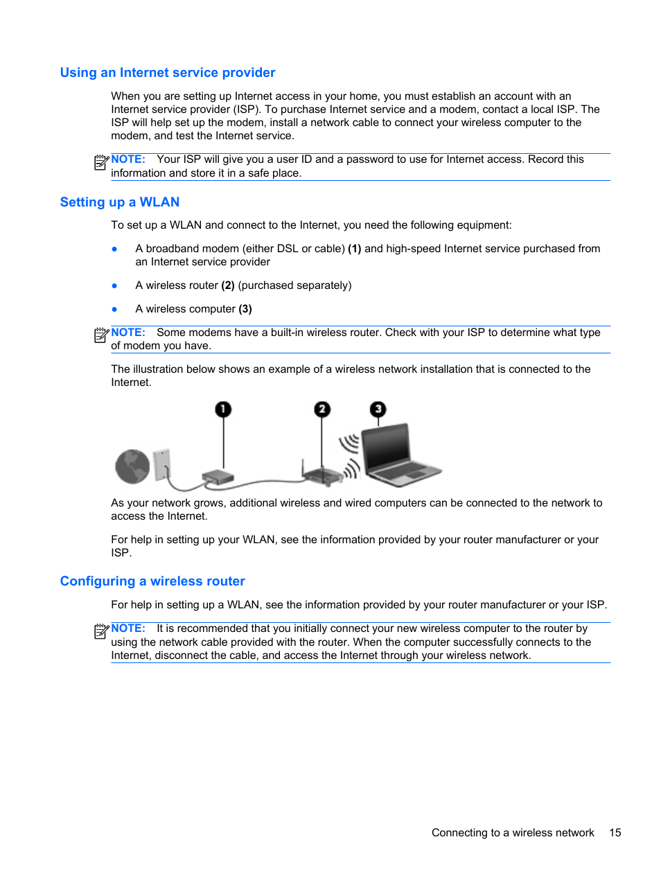 Using an internet service provider, Setting up a wlan, Configuring a wireless router | HP EliteBook Revolve 810 G1 Tablet User Manual | Page 25 / 101