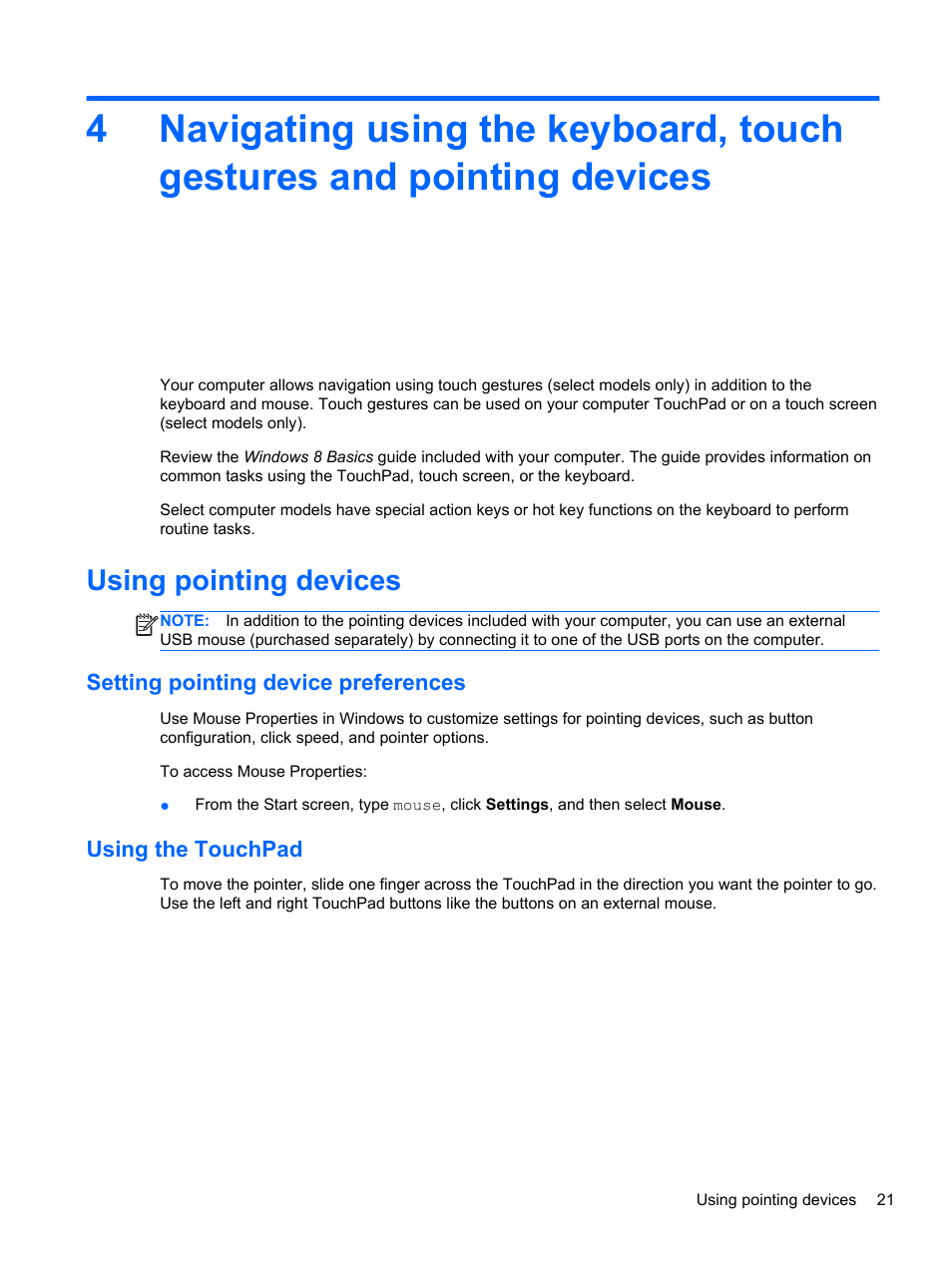 Using pointing devices, Setting pointing device preferences, Using the touchpad | HP EliteBook Revolve 810 G1 Tablet User Manual | Page 31 / 101