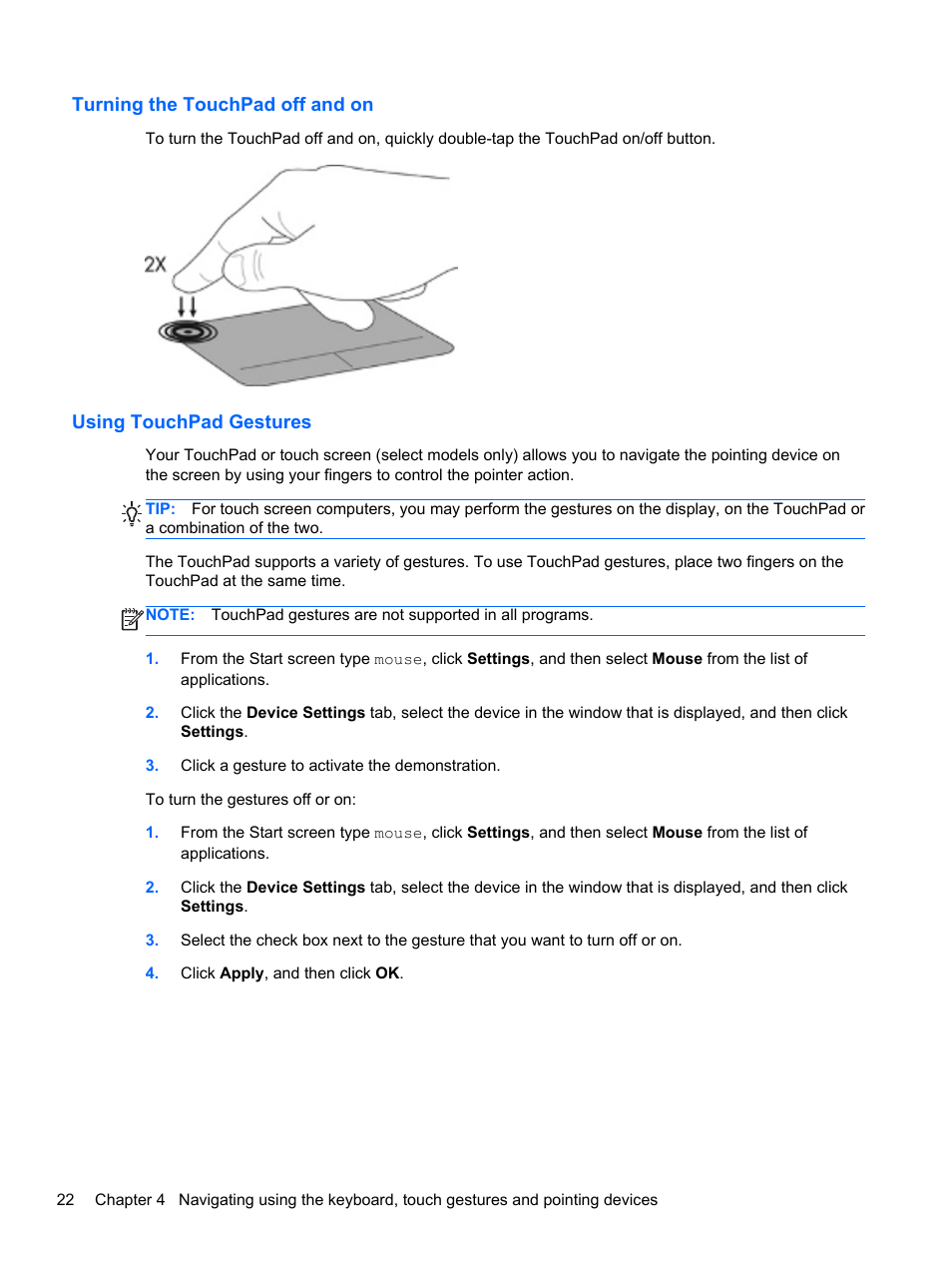 Turning the touchpad off and on, Using touchpad gestures | HP EliteBook Revolve 810 G1 Tablet User Manual | Page 32 / 101