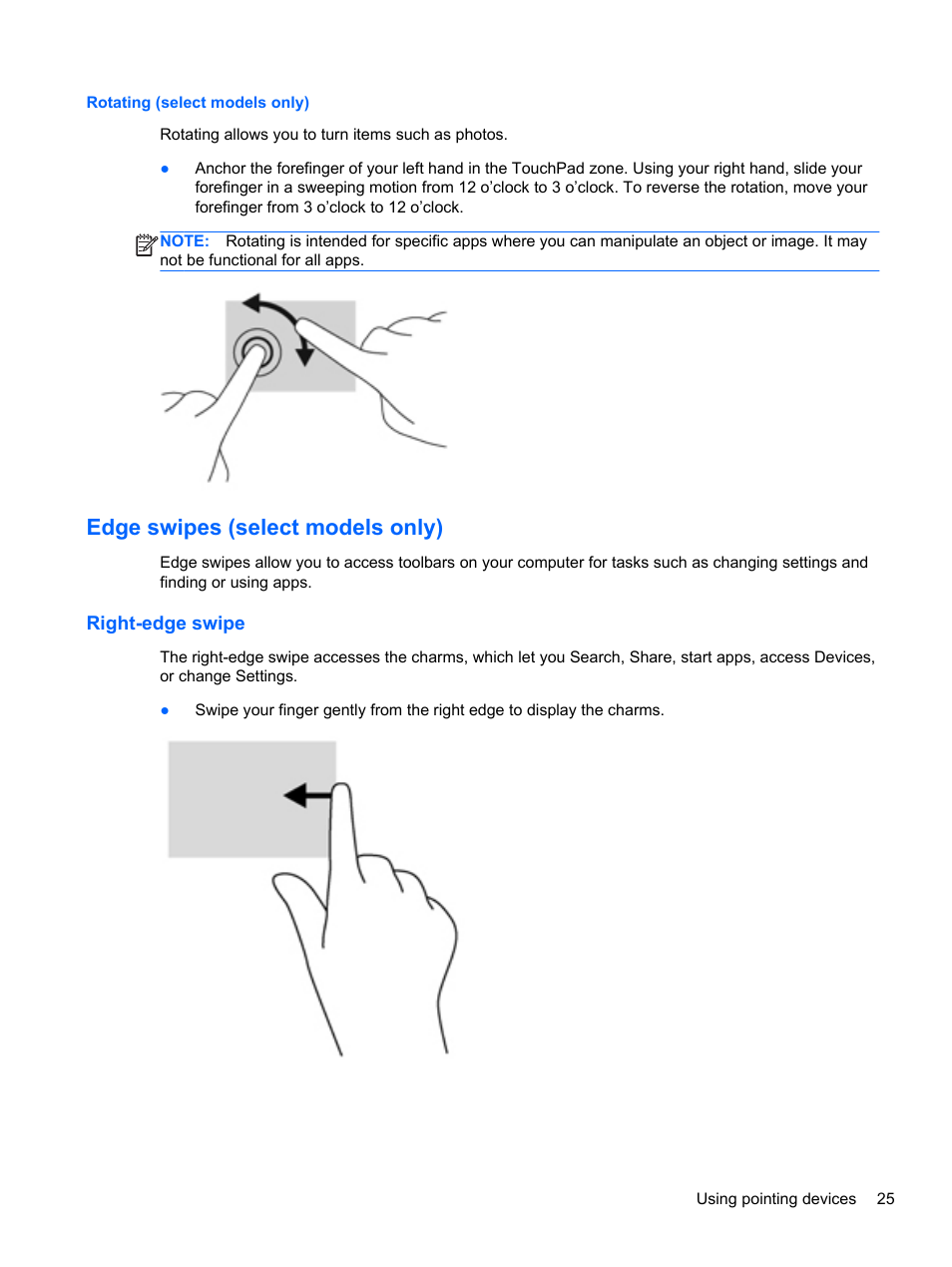 Rotating (select models only), Edge swipes (select models only), Right-edge swipe | HP EliteBook Revolve 810 G1 Tablet User Manual | Page 35 / 101