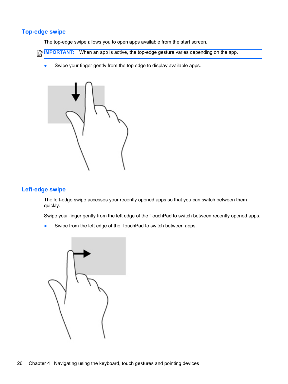 Top-edge swipe, Left-edge swipe, Top-edge swipe left-edge swipe | HP EliteBook Revolve 810 G1 Tablet User Manual | Page 36 / 101