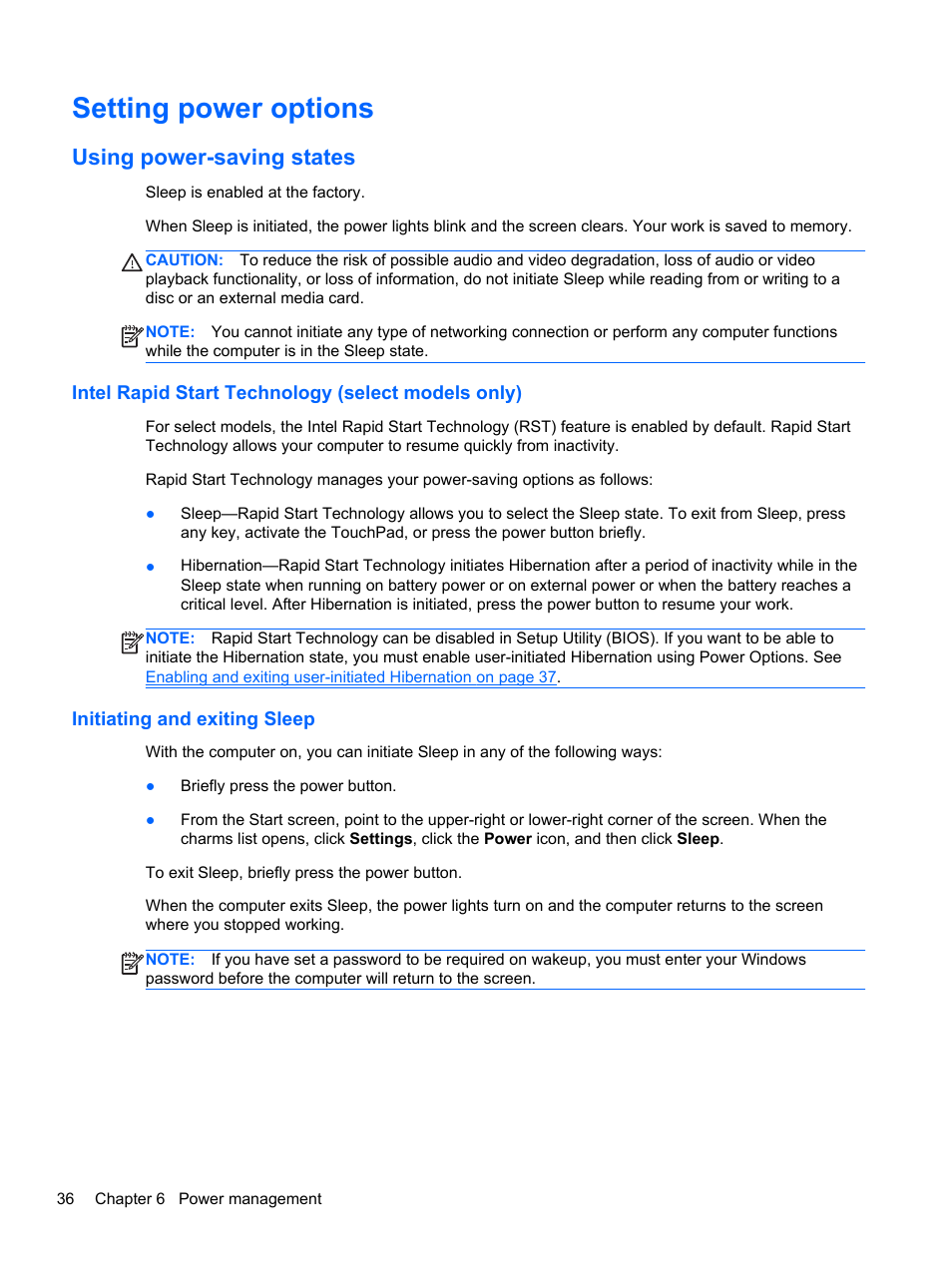 Setting power options, Using power-saving states, Intel rapid start technology (select models only) | Initiating and exiting sleep | HP EliteBook Revolve 810 G1 Tablet User Manual | Page 46 / 101